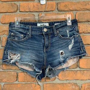 Daytrip Buckle High Rise Capricorn‎ Stretch Raw Hem Shortie Denim Jean Shorts 25